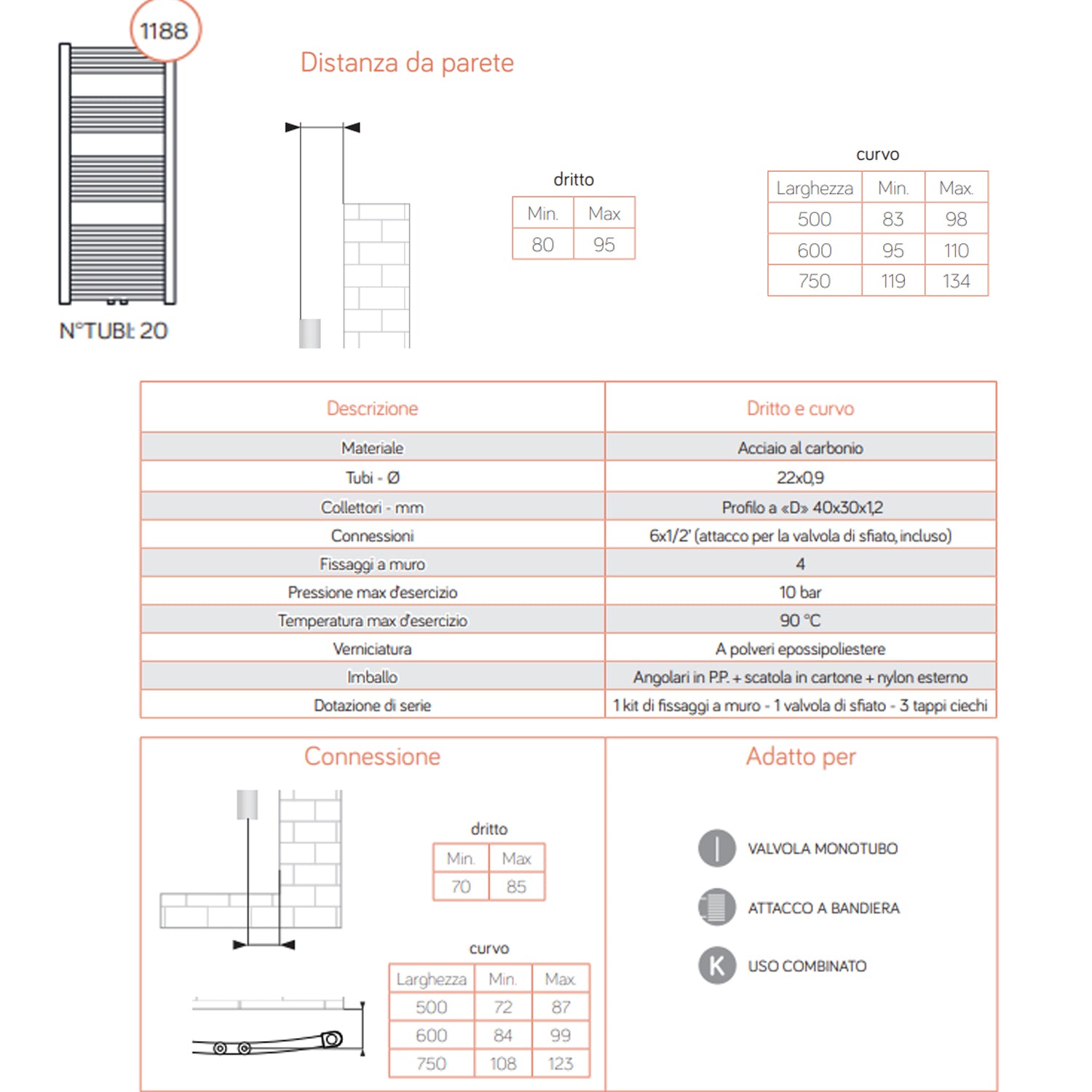 Termoarredo idraulico curvo 1188x500 bianco Lazzarini Bolzano 496 watt