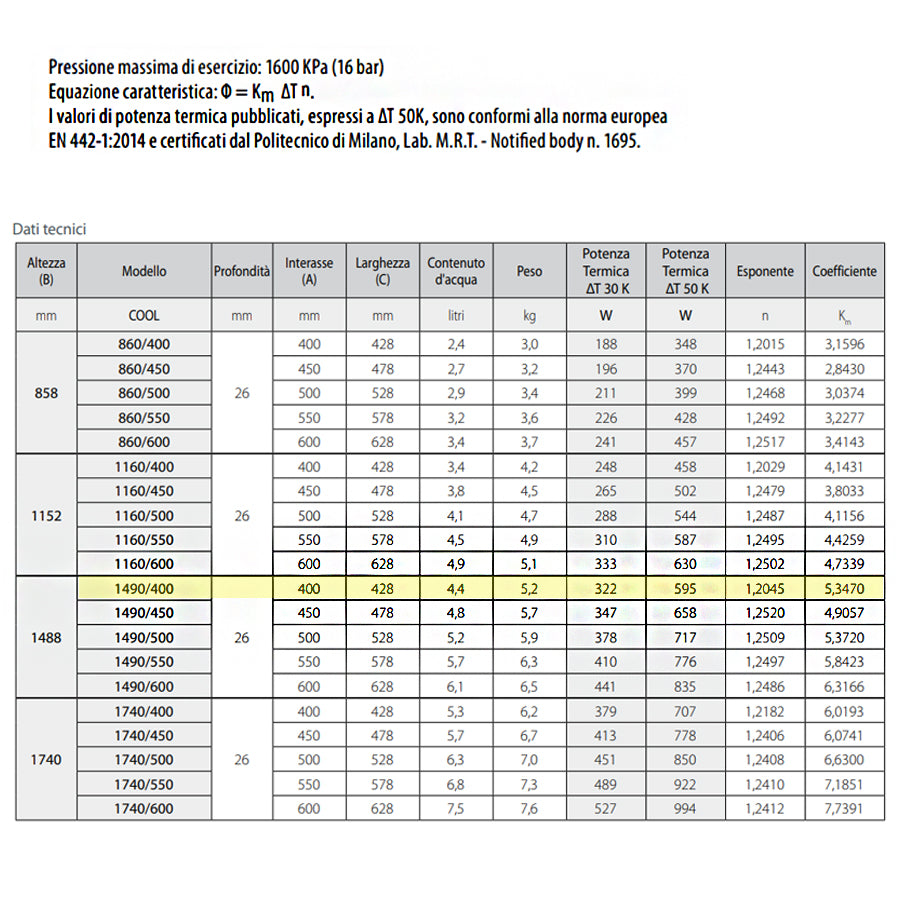 Termoarredo alluminio bianco anticorrosivo Fondital Cool 1490 a 29 tubolari interasse 40 cm