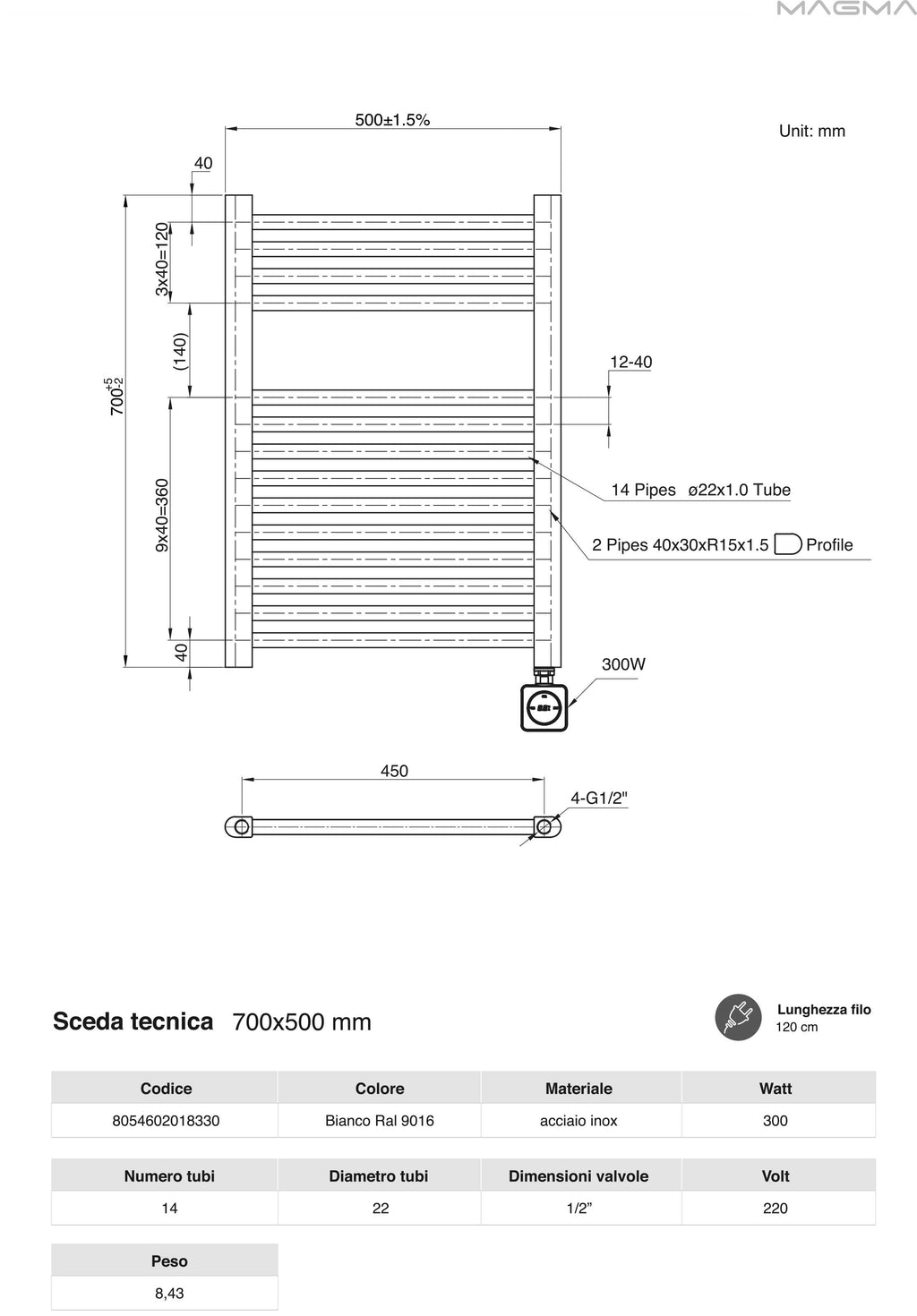 Termoarredo scaldasalviette da bagno elettrico con Termostato Digitale 700x500 con potenza di 300 Watt  Collezione vialis