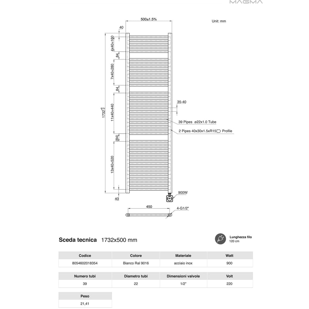 Termoarredo scaldasalviette da bagno elettrico con Termostato Digitale 1730x500 con potenza di 900Watt  Collezione Vialis
