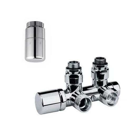 Kit con valvola termostatizzabile e detentore a squadra con attacchi 50 e testa termostatica - Cromo