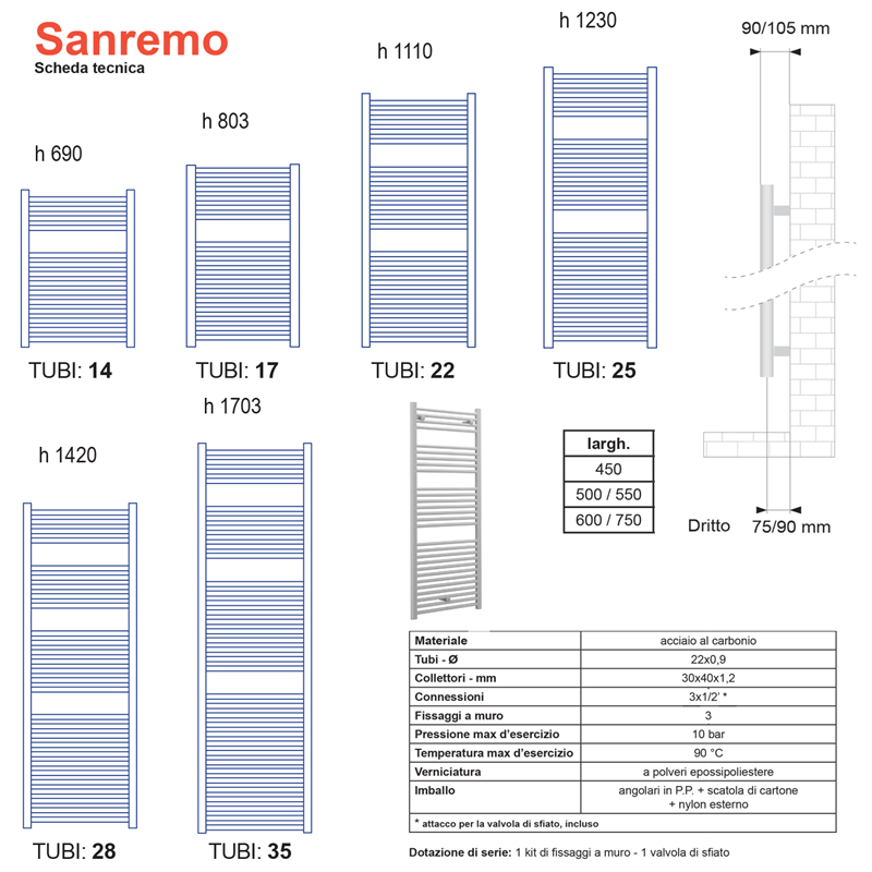 Termoarredo scaldasalviette Lazzarini Sanremo 803x500  interasse 450 cromato